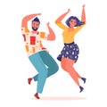 Vector illustration with couple of young joyful laughing people jumping and dancing with raised hands isolated on white background Royalty Free Stock Photo