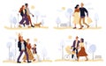 Vector illustration couples, families walking park