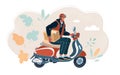 Vector illustration of courier ride scooter. Man in helmet riding classic moped with box. Royalty Free Stock Photo