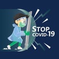 Vector illustration Covid-19 protection. Medical man wearing protection suites fight against covid-19 virus or coronavirus. Charac