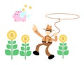 cowboy america catch pig bank money economy cartoon doodle flat design vector illustration