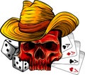 vector illustration of cowboy skull with poker ace and dice