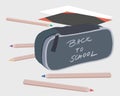 Vector illustration of pencils and school case with the inscription Back to school