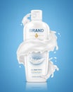 cream, lotion, cosmetic milk for face and hands in white bottle on blue background with a milk splash