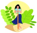 Vector illustration of creative woman with character, standing on yellowed piece of paper.