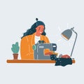 Vector illustration of creative woman using sewing machine on white background.