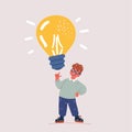 Vector illustration of Creativeness, thinking out of the box, idea and science concept. Little boy holding glowing light Royalty Free Stock Photo