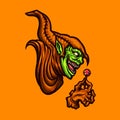 Vector illustration of Creepy Green Goblin Head with a Candy on the Orange Background. Hand-drawn illustration for mascot sport