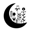 Vector illustration crescent moon. Black silhouette of flowers on moon isolated on white background Royalty Free Stock Photo