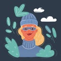 Vector illustration of Criminal woman wearing mask beany hat on dark.