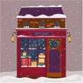 Vector illustration cristmas shop. Holiday showcase with gifts and snowing.