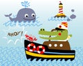 Vector illustration of crocodile cartoon in sailor costume with crab on boat, smiling whale and lighthouse