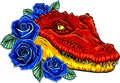 Vector illustration of crocodile head with roses Royalty Free Stock Photo