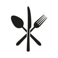 Vector illustration of crossed knife, fork and spoon. Isolated.