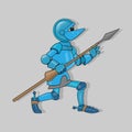 Vector illustration of a crouching cartoon knight in blue armor with a brown spear in his hand and protruding eyes from a visor on