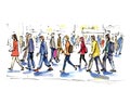 vector illustration: crowd of people walking along city street. Sketch made with marker and watercolor Royalty Free Stock Photo