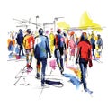 vector illustration: crowd of people walking along city street. Sketch made with marker and watercolor Royalty Free Stock Photo