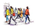 vector illustration: crowd of people walking along city street. Sketch made with marker and watercolor Royalty Free Stock Photo