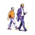 vector illustration: crowd of people walking along city street. Sketch made with marker and watercolor Royalty Free Stock Photo