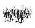 vector illustration: crowd of people walking along city street. Sketch made with marker and watercolor Royalty Free Stock Photo