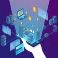 Vector illustration - cryptocurrency mining farm