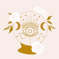 Vector illustration with crystal globe, eye and white flowers Royalty Free Stock Photo