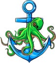 vector illustration of ctopus holding a ships anchor on white background. digital hand draw