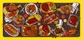 Vector illustration, culinary banner, barbecue background with grilled meat, sausages, vegetables and sauces. Royalty Free Stock Photo