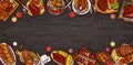 Vector illustration, culinary banner, barbecue background with grilled meat, sausages, vegetables and sauces. Royalty Free Stock Photo