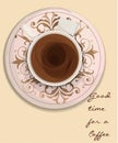 Vector illustration of a cup of black coffee with decorated dish and sugar
