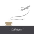 Vector illustration a cup of coffee and airplane on white background. Drink and travel symbol. Airport, flight, world Royalty Free Stock Photo