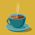 Vector illustration of a Cup of coffee. Blue Cup with hot coffee on a yellow background. Drink in a Cup Royalty Free Stock Photo