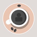 Vector illustration of a cup of coffee with a brown plate surrounded by coffee beans with top view, follow sign