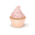 Vector illustration cupcake with pink whipped cream on light background