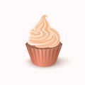 Vector illustration cupcake with pink whipped cream on white background. Isolated clipart with one sweet cake