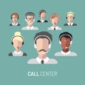 Vector illustration of customer service, call center operators icons with headsets.