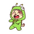 Cute Adorable Happy Brown Cat Dinosaur Green Costume Character cartoon doodle vector illustration flat design