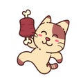 Cute Adorable Happy Brown Cat Run Eat Beef Meat Character cartoon doodle vector illustration flat design