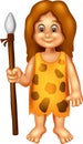 Cute ancient human cartoon standing bring stick with smile