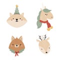 Vector illustration with cute animal faces in chrostmas decorations