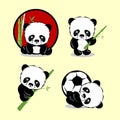 Vector illustration of cute animals, pandas in four poses, while eating, while drinking, climbing trees, and playing ball Royalty Free Stock Photo