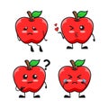 Vector illustration of cute apple fruit character tire, kiss love, cry and confused question expression. apple cute cartoon