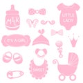 A vector illustration of cute baby girl icons like nappy pins, pacifier and baby toys. pink silhouette Hipster photo Royalty Free Stock Photo