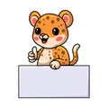 Cute baby leopard cartoon with blank sign and giving thumb up Royalty Free Stock Photo