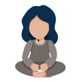 Vector illustration of a cute baby. A little girl with black hair in overalls sits. Happy baby