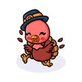 Cute baby turkey cartoon in pilgrim hat running Royalty Free Stock Photo
