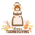 Vector illustration with cute bear character, autumn leaves and lettering isolated on white background. Illustration for