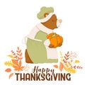 Vector illustration with cute bear character, autumn leaves and lettering isolated on white background. Illustration for