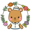 Vector illustration cute bear with a wreath of flowers all around Royalty Free Stock Photo