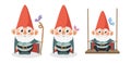 Vector illustration of cute and beautiful gnomes on white background. Charming characters in different poses walks with